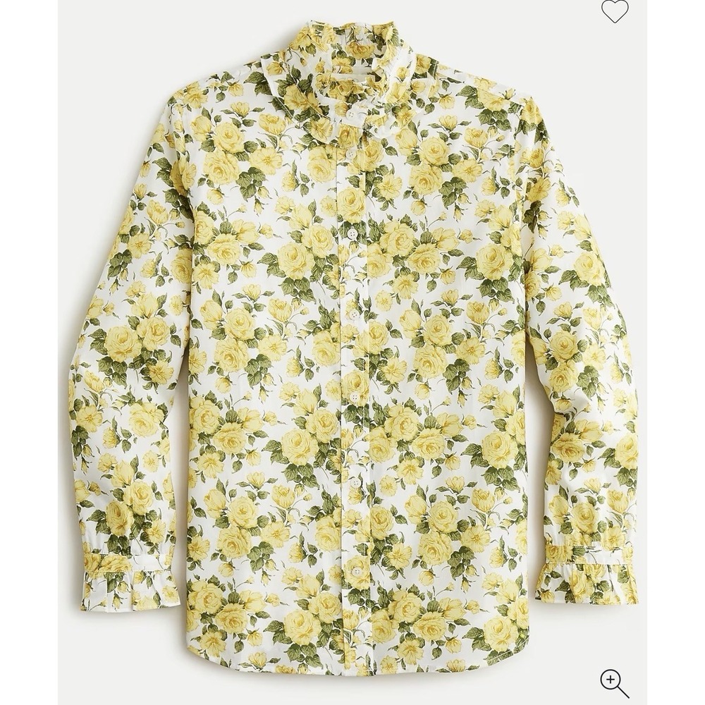 NWT J Crew Liberty Carline Rose Shirt Womens 12 Yellow Floral Ruffle Trim